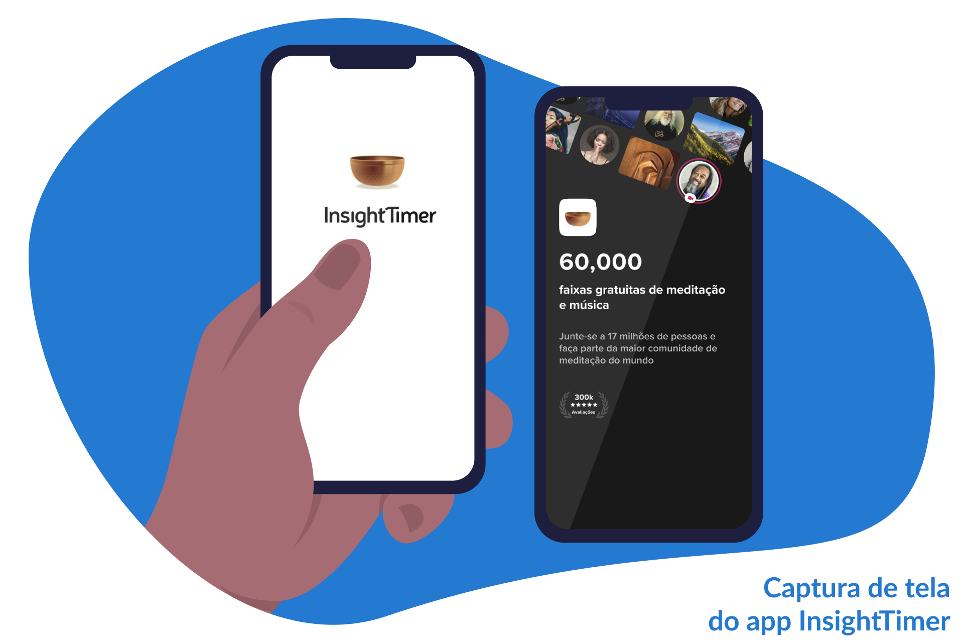 Desenho de uma mão mexendo no app Insight Timer pelo celular